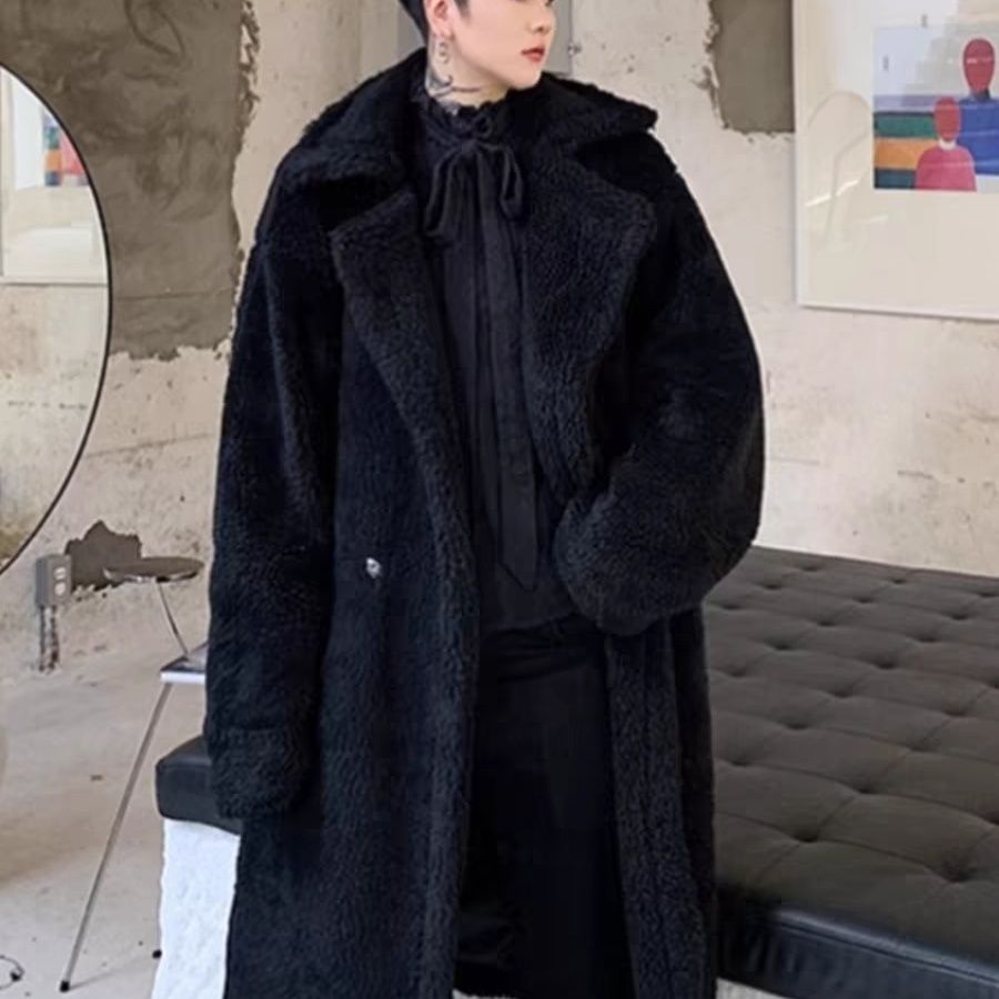 海宁冬季宽松中长款过膝加厚羊羔绒风衣男潮流泰迪熊棉服皮草大衣
