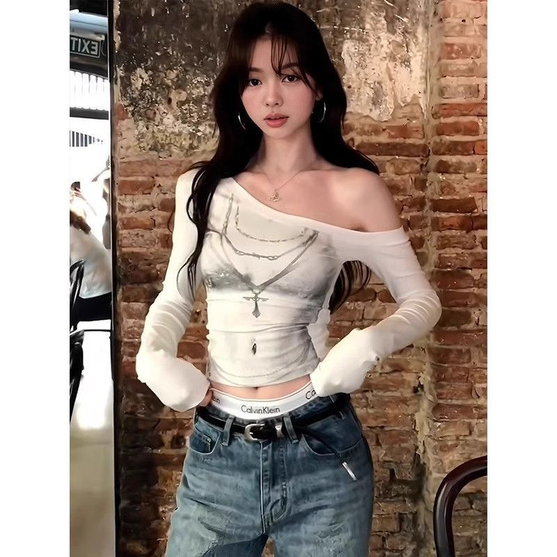 American Sexy Slanted Shoulder Long-Sleeved T-Shirt for Women Spring Bikini Print Slim Slim Sexy Off-Shoulder Short Top
