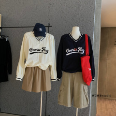 WGWE秋季女复古美式V领长袖卫衣女宽松显瘦百搭减龄长袖T恤W6708