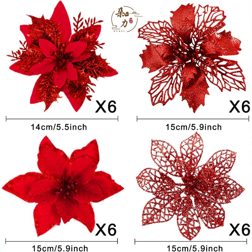 24/Pcs Christmas Flower DIY Decorative Flower Festive Christmas Tree Accessories Garland Christmas Tree Decorations Wedding Party
