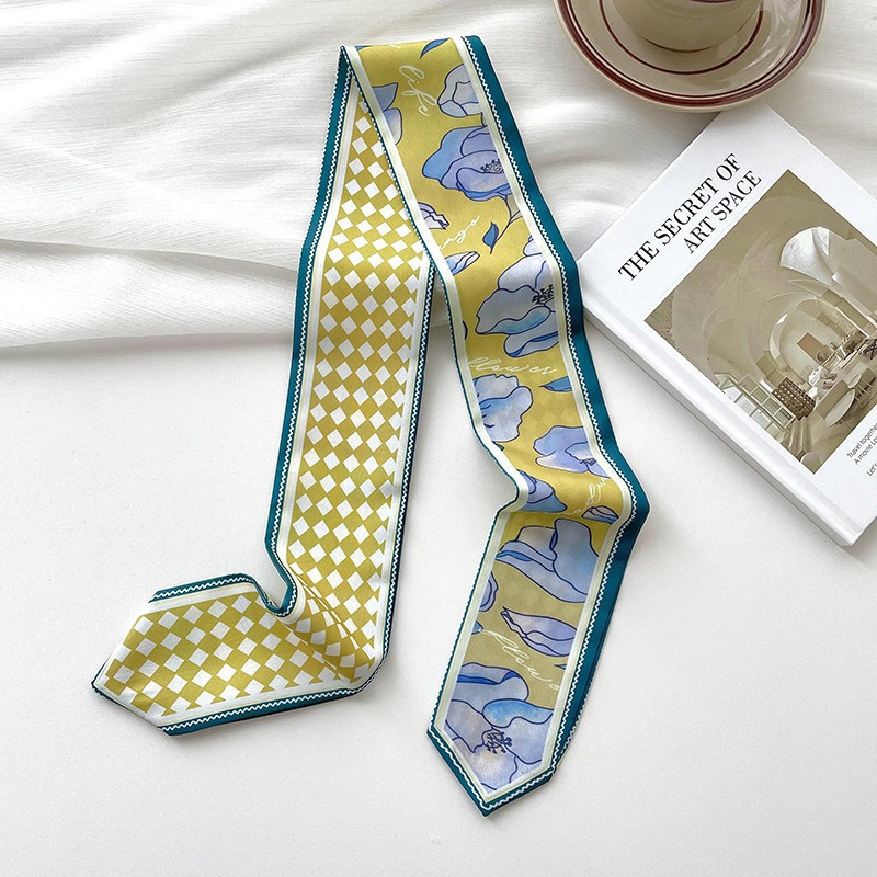 Bufandas de seda delgadas y largas para mujeres primavera y verano multifuncional bolsas de pelo atadas de pañuelo decorado correa de pelo tocado de correa