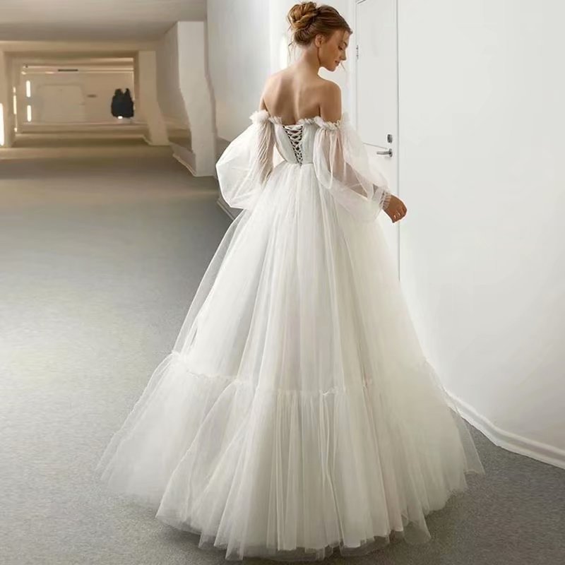 Vestido de Novia de Estilo Nuevo, Elegante y Sencillo, con Mangas Abullonadas de Malla, para Comercio Exterior Europeo y Americano, Amazon, AliExpress, Wish image 2