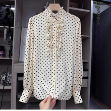 设计师款！浪漫法式！木耳边波点真丝双绉衬衫上衣女