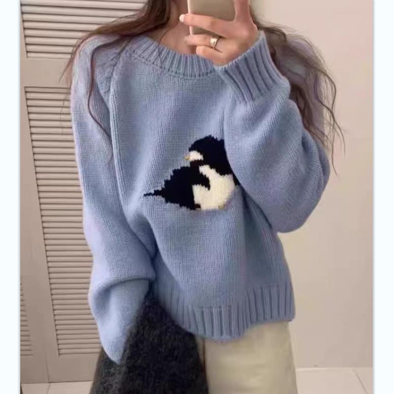 Super Stylish Lazy Style Jacquard Embroidered Penguin Pattern Sweater for Women, Autumn/Winter 2026 New Loose Knit Top
