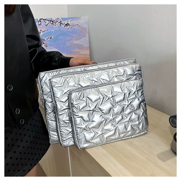 Quilted star-patterned luxury notebook sleeve, portable large-capacity tablet protective case, stylish document organizer