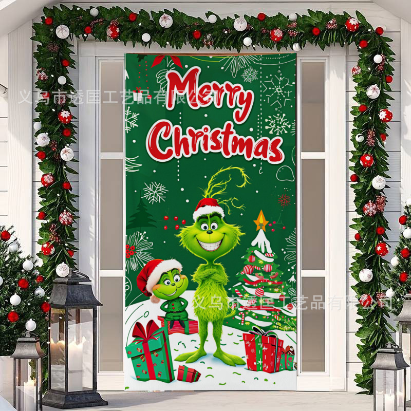 Cross-Border New Christmas Door Curtain Cartoon Grinch Door Cover Holiday Party Party Atmosphere Background Cloth Hanging Decoration