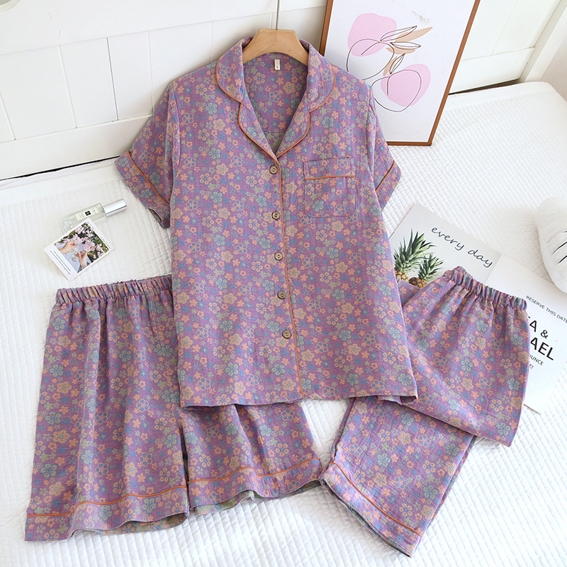 원사 염색 자카드 옷깃 3 피스 잠옷 세트 여성의 봄과 여름 가을 얇은 짧은 소매 반바지 바지 홈 의류