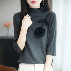 法式立体花朵半袖精纺毛针织衫女2025新款宽松显瘦保暖打底衫毛衣