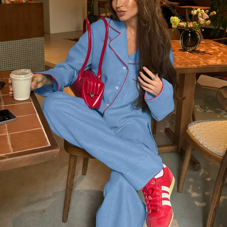 俄罗斯女装秋季新款棉质长袖翻领上衣阔腿裤两件套休闲时尚套装