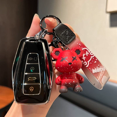 For Geely car key set gl – Car key bag - geely-d-smart-4-key-single-shell-black-red-violence-bear-pendant