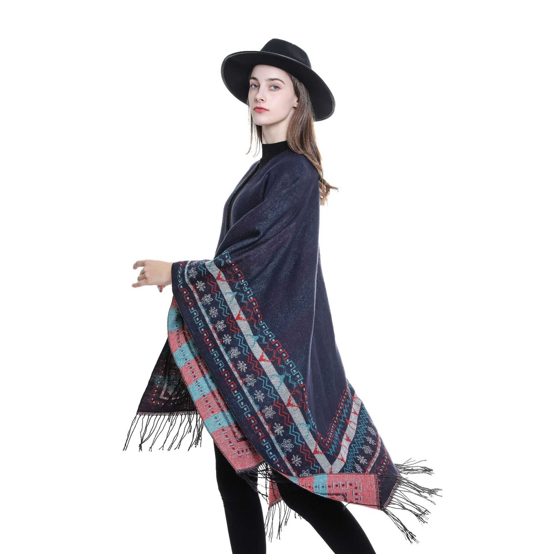 2024 otoño y invierno Navidad muñeco de nieve patrón bordilla nacional simple doble cara bufandas multifacéticas capa chal