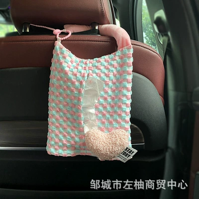 pig storage hanging bag car seat | Car tissue box/set - cz37-pink-heart-pink-blue-checkered-tissue-bag
