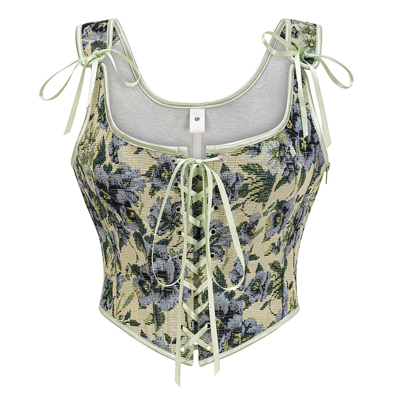 New Cross-Border French-Style Front-Tie Bra, Vintage Printed Shapewear, Lace-Up Layered Vest, Women's Corset Top