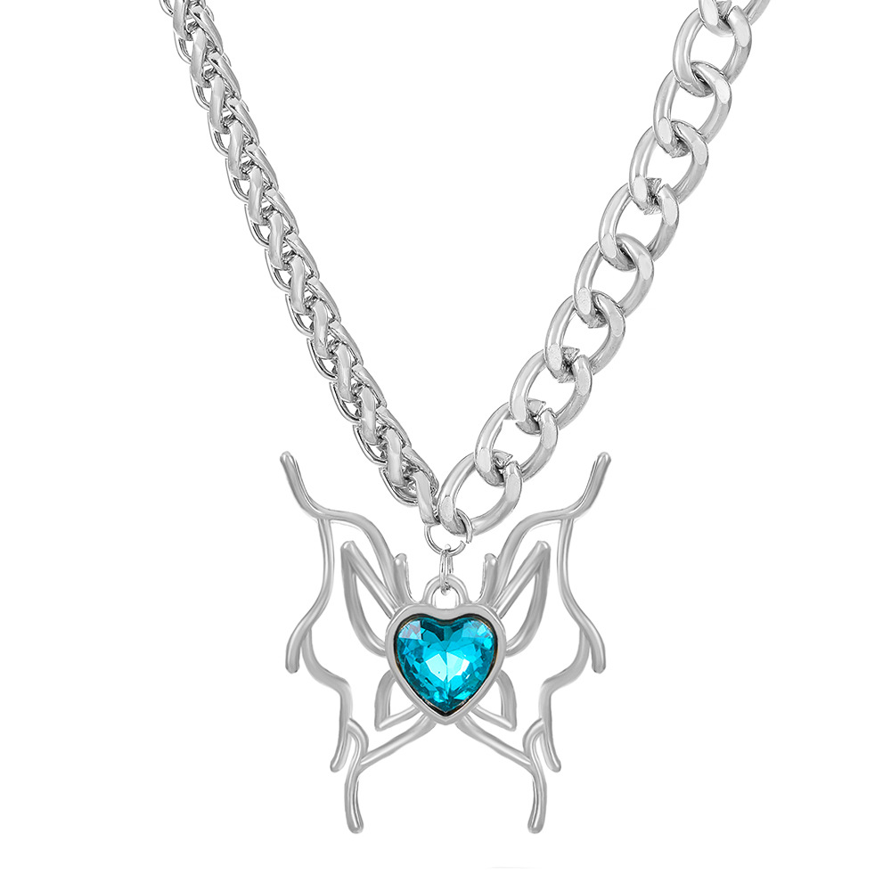 Lina Girl Nuevos pendientes de mariposa de cristal azul Y2K estilo moderno y genial, cadena para clavícula con empalme para mujer_voghion.com