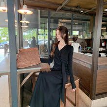 韩版简约v领气质长袖内搭外穿裙子2025秋韩版绑带修身百搭连衣裙