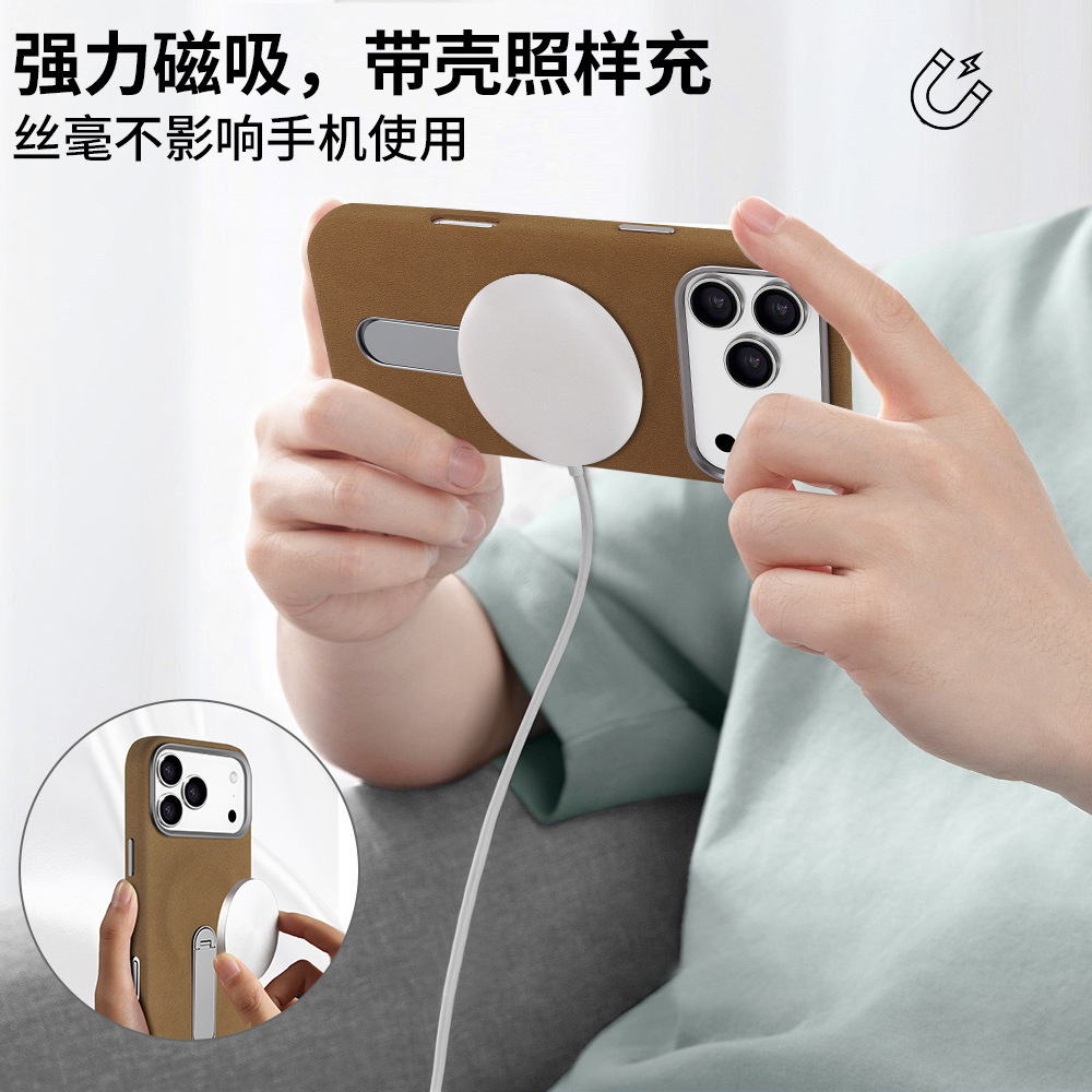 Ốp lưng iPhone 16/17 Pro da lộn từ tính có chân đứng ẩn — màu đen, nâu, màu xám, Kaki chi tiết 4
