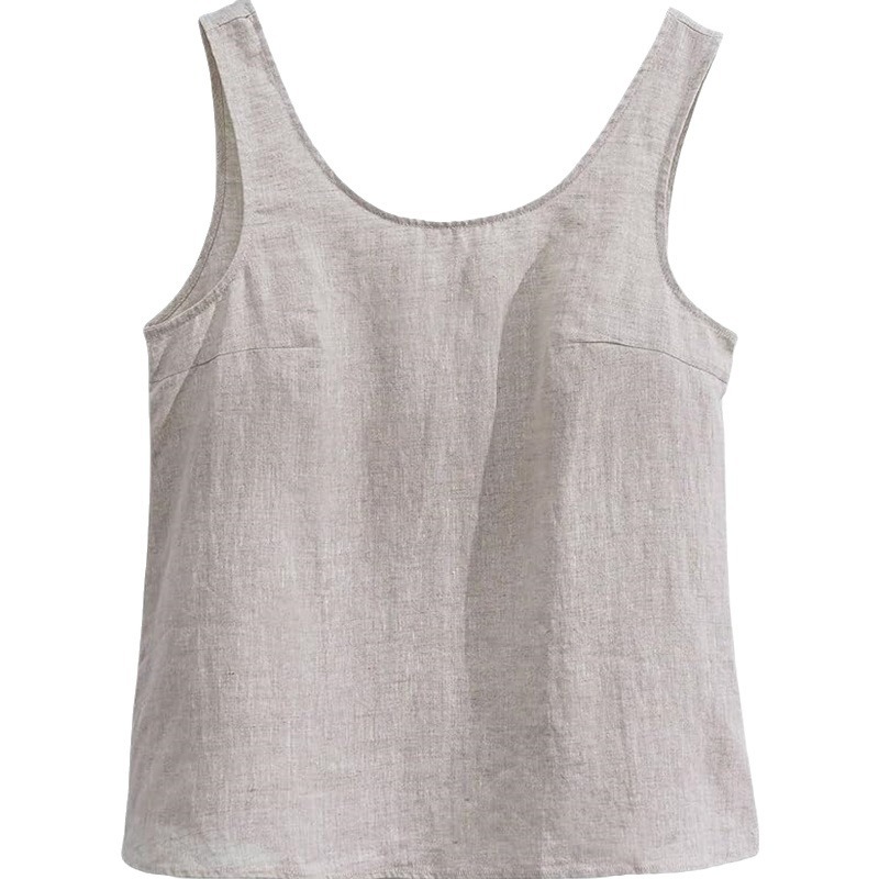 Women's Linen Vest Casual Summer Sleeveless Low round Neck Top_ecoleips.com