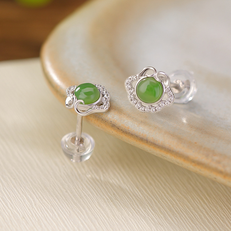 Bông tai bạc S925 mạ vàng đính ngọc bích phong cách Trung Hoa cổ điển họa tiết Ruyi rỗng — Kiểu màu bạc, Kiểu màu vàng