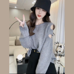 秋季新款慵懒风破洞露肩设计感长袖毛衣女小众宽松打底针织衫上衣
