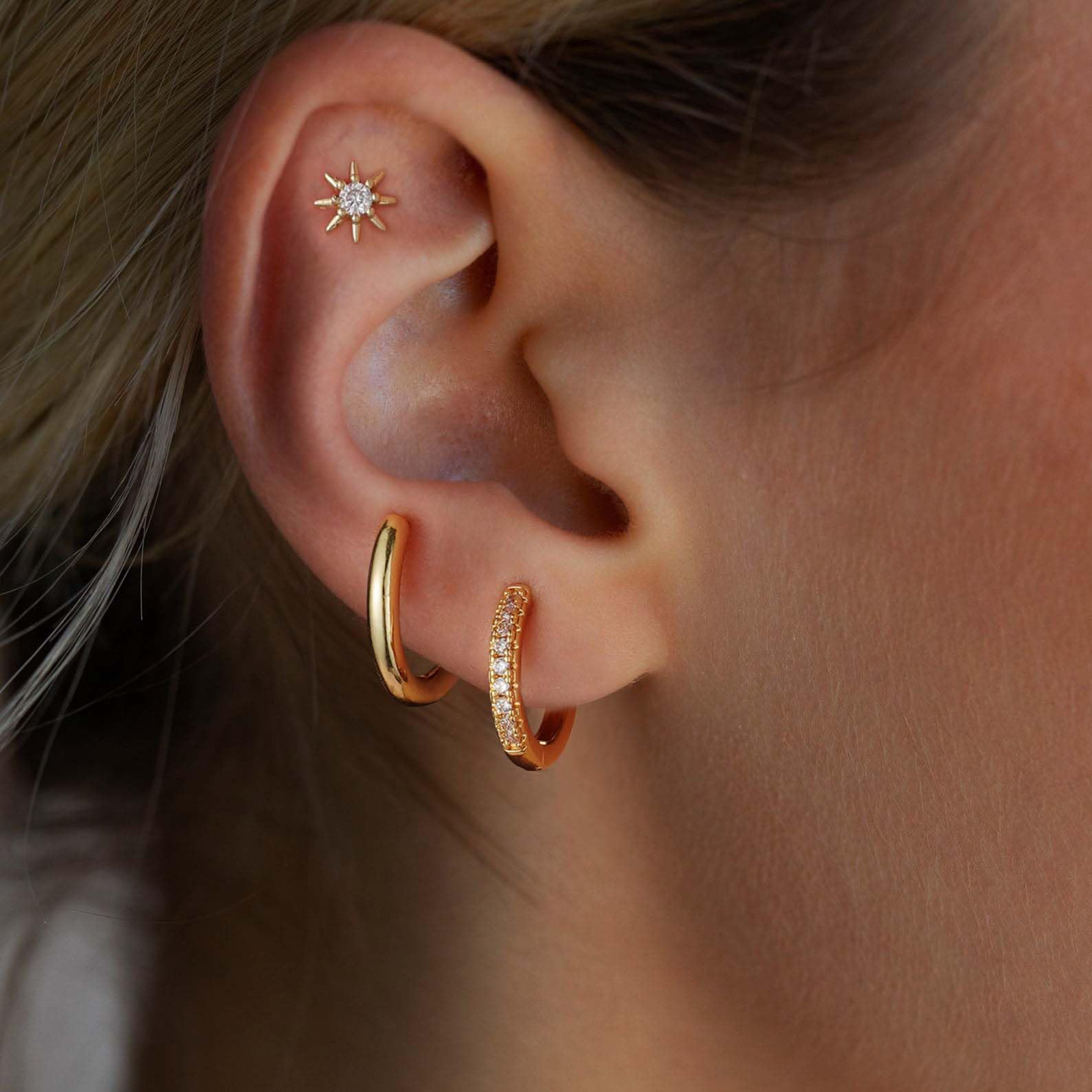 Three Piece Set Earrings With 14K Gold Plating And Zircon Inlay High-End Jewelry Style Copper Material Eight Pointed Star Design_voghion.com