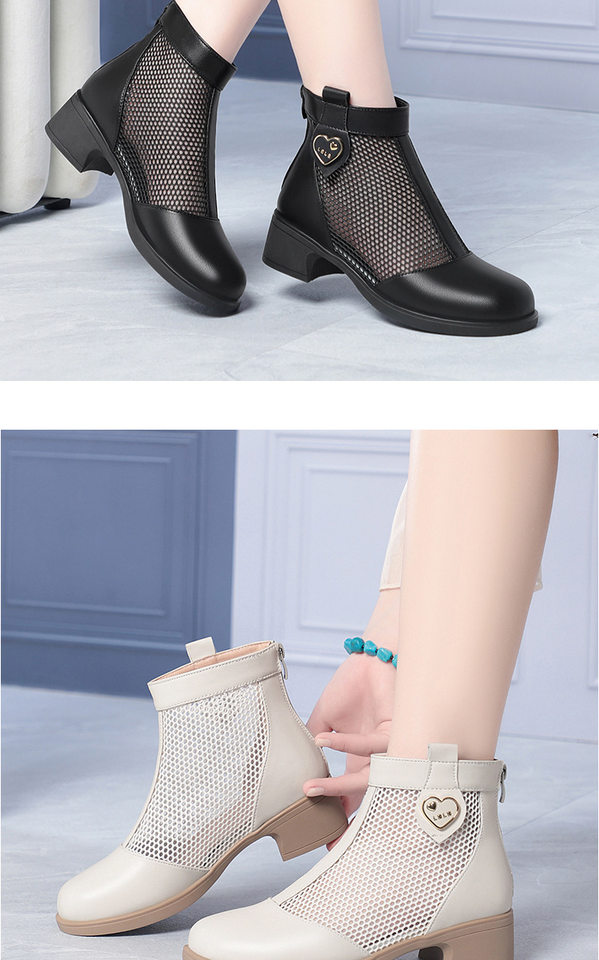 Boot nữ cổ thấp da lưới gót thấp thoáng khí, đế thô chắc chắn — màu đen chi tiết 11
