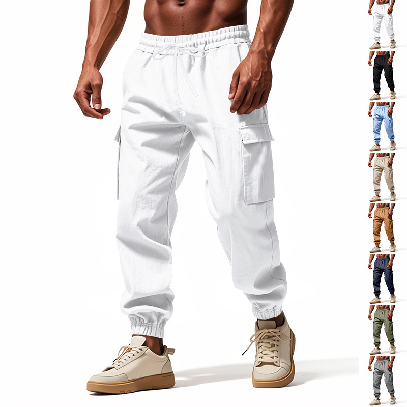 2025欧美跨境夏秋棉麻休闲束脚多口袋系绳纯色宽松大码工装长裤男