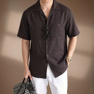 高端美式老钱古巴领莱赛尔亚麻工装衬衫男士夏季薄款天丝短袖衬衣