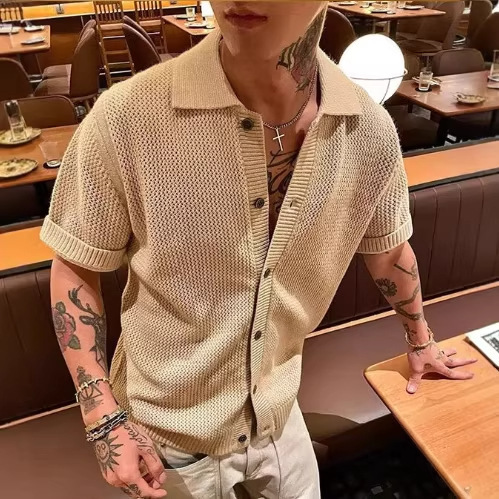 American-Style Hollow-Out Knit Short-Sleeve Men's Summer Old Money Style High-End Half-Sleeve T-Shirt Shirt Jacket Trendy Knit Shirt American-Style Hollow-Out Knit Short-Sleeve Men's Summer Old Money Style High-End Half-Sleeve T-Shirt Shirt Jacket Trendy Knit Shirt