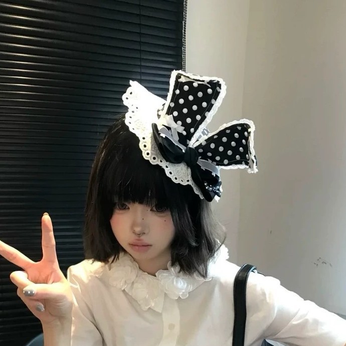 蝴蝶结花边波点兔耳洛丽塔配饰帽子春夏可爱发卡头饰甜美少女发夹|undefined