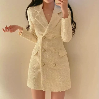 韩国chic秋季气质小香风西装领双排扣收腰显瘦长袖粗花呢连衣裙女