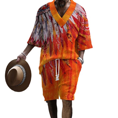 Cross-border European and American independent website exclusive—3D-printed trendy tech knitted jacquard fabric men's shorts and short-sleeved set