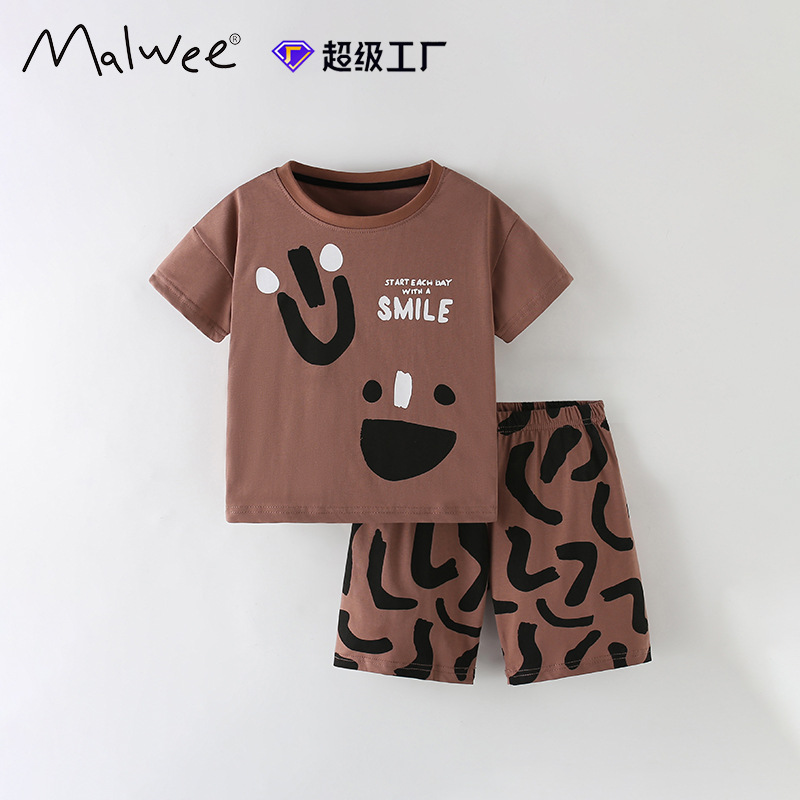 Malwee transfronterizo juego de niños de verano nuevo estilo europeo y americano de niños de cuello redondo de manga corta juego de dos piezas para niños casuales