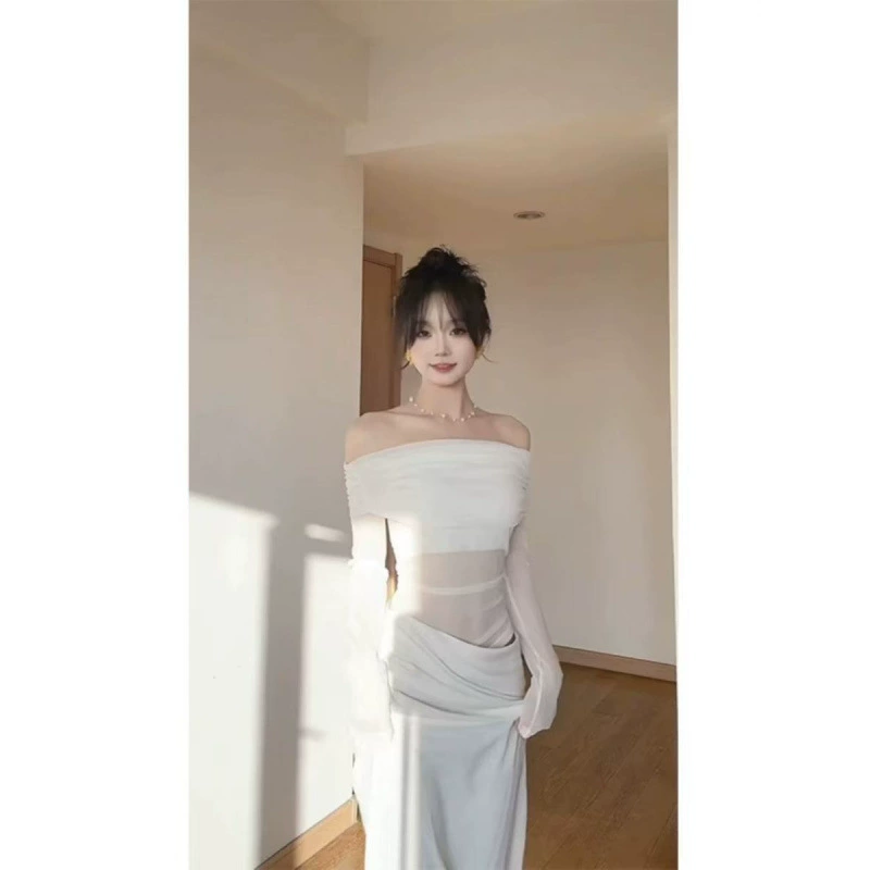 Французское белое сетчатое платье на одно плечо с длинными рукавами для женщин, весенне-осенняя новая элегантная длинная юбка с тонкой талией