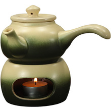 竹青古陶煮茶壶｜侧把壶+底炉 日式粗陶蜡烛暖茶炉陶瓷功夫茶具
