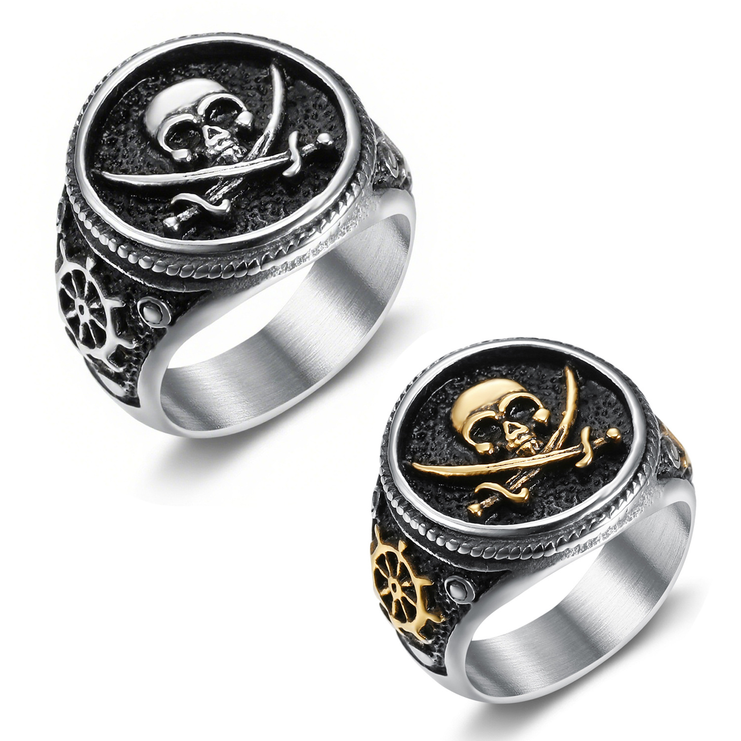 Nightworks European and American Pirates of the Caribbean Skull Signet Ring Men's Retro Index Finger Large Size Stainless Steel Ring