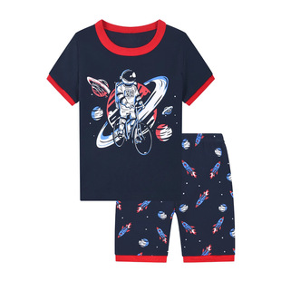 European and American Cross-border Summer Boys' Home Clothes Pajamas Space Planet Bicycle Rib Cotton Set
