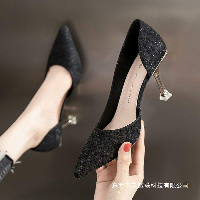 Black High-Heeled Shoes for Women, New Spring Style, Professional Versatile, Elegant, Simple Pointed Toe, Shallow Mouth, Socialite Single Shoes, Women's Mid-Heel
