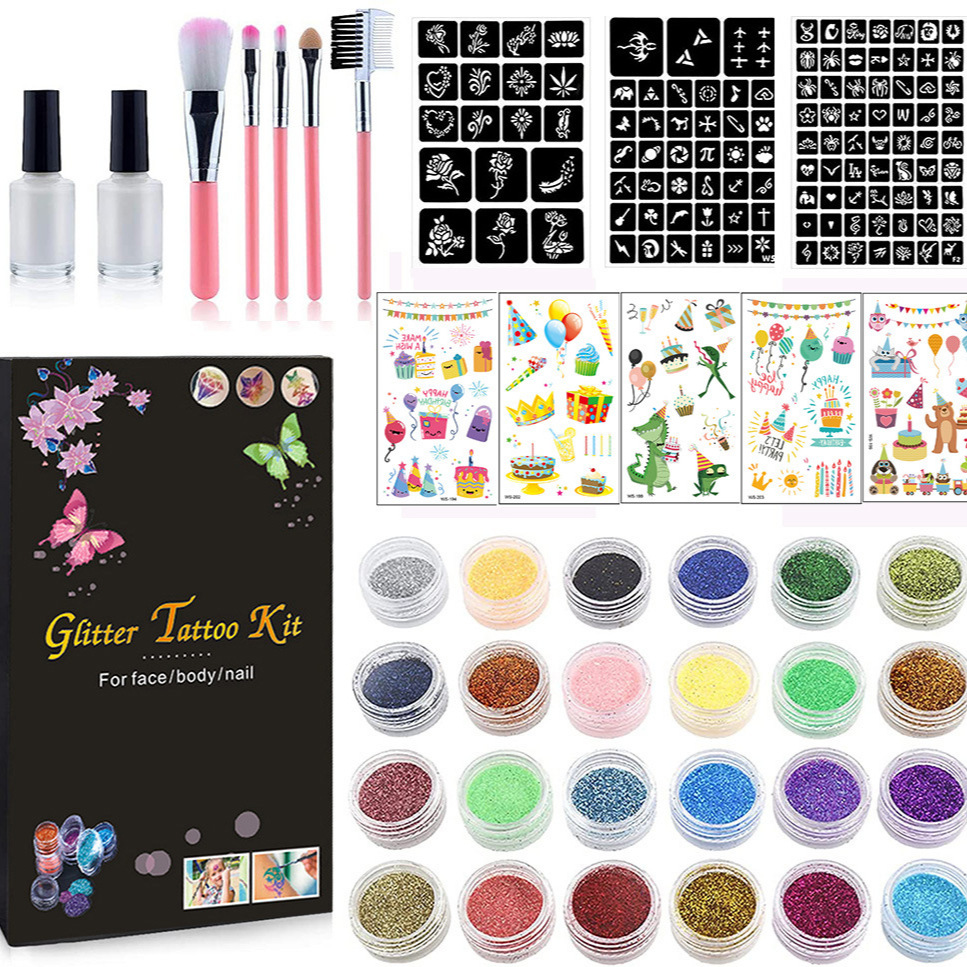 Nuevo traje de tatuaje de brillo de dibujos animados semipermanente pequeño tatuaje color plantilla etapa brillo maquillaje transfronterizo Venta caliente