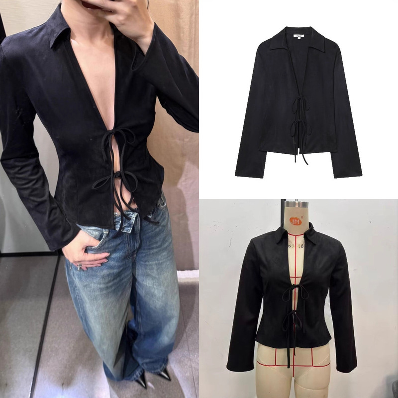 Cross-Border Foreign Trade Wholesale 2025 Summer New European and American Clothing Sexy Fashion Suede Effect Lace-Up Shirt