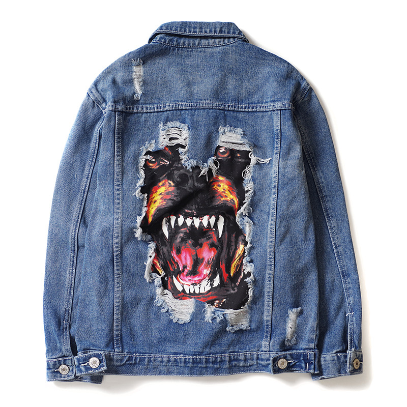Men's Clothing trendy high street denim jacket trendy men's wear ins student loose hole print patch couple_voghion.com