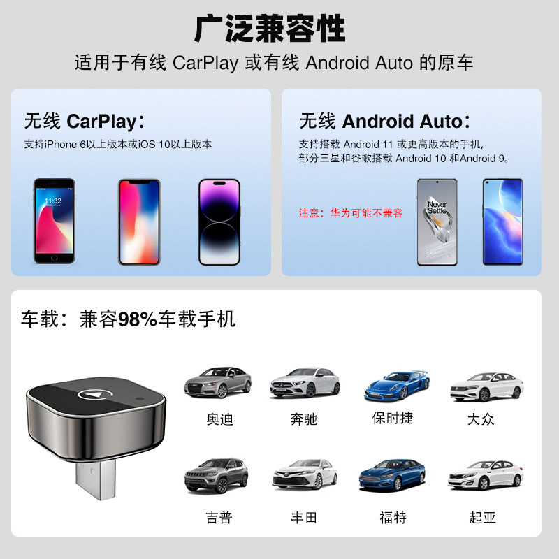 Cross-Border Hot-Selling Wireless Carplay Box, Wired to Wireless Carplay, Android and Apple Auto Car System New