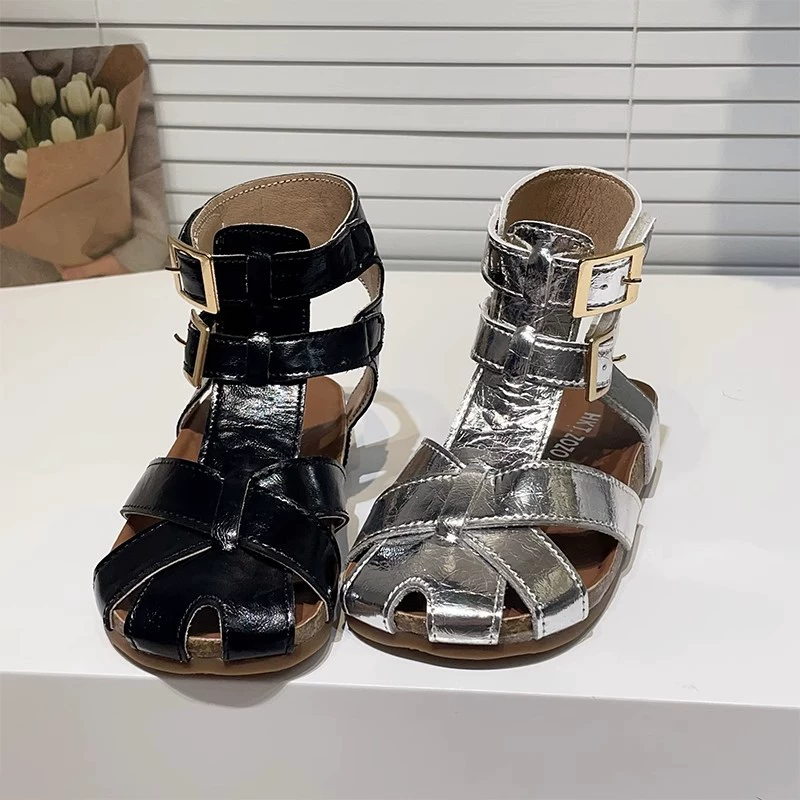 2025 новые летние детские модные римские сандалии для девочек, туфли принцессы с мягкой подошвой, универсальные повседневные пляжные туфли