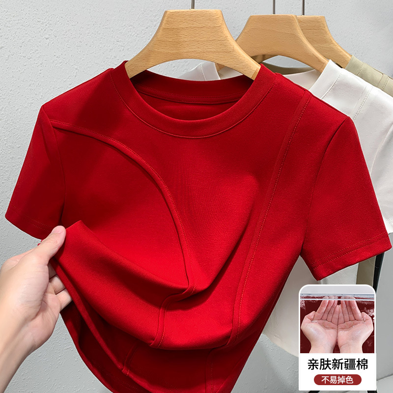 Short-Sleeved T-Shirt for Women 2025 Spring New Fashion Round Neck T-Shirt Fishbone Waist-Cinching Top for Petite Women Thin Style