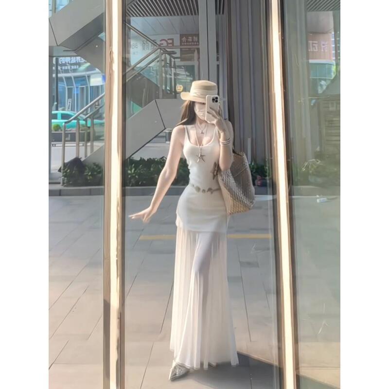 Very Beautiful Suspender Dress for Women, High-End and Elegant Summer New White Long Skirt, Bohemian Vacation Skirt
