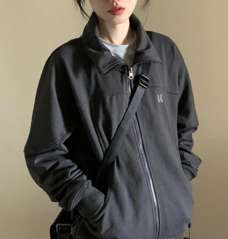 美式立领卫衣外套女秋季新复古小个子拉开衫短夹克棒球服潮黑灰色|undefined