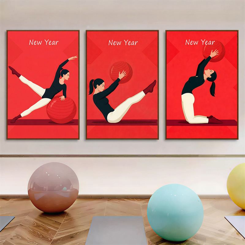 Yoga Studio Wall Art, Fitness Studio Wall Decoration Painting, Pilates Hand-Painted Cartoon Girl, Artistic Retro Wall Mural