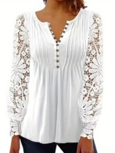 T 92052 Lace Sleeve Pleated Button T Shirt ��˿��Ŧ��T��