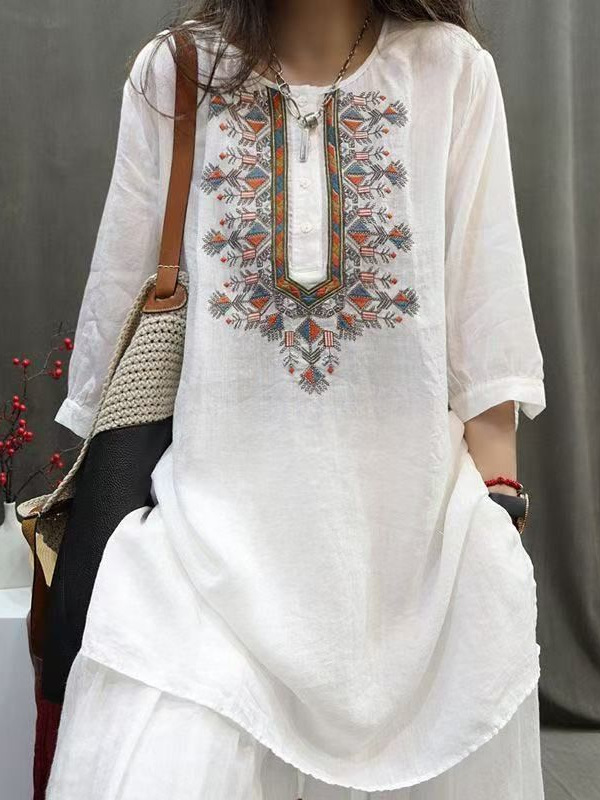 Summer Heavy-Duty Retro Literary Embroidered Shirt Mid-Length Loose Cotton and Linen Short-Sleeved Casual Literary Pullover Top Summer Heavy-Duty Retro Literary Embroidered Shirt Mid-Length Loose Cotton and Linen Short-Sleeved Casual Literary Pullover Top
