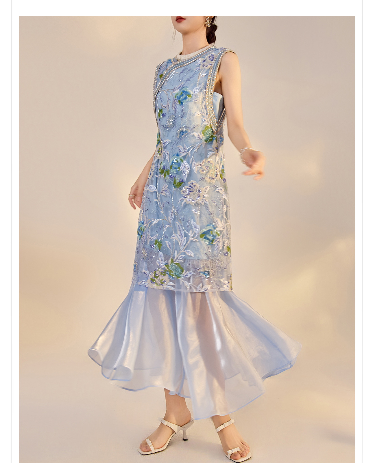 Váy sườn xám maxi thêu sequin phong cách Trung Quốc mới mùa hè N5042 — hồng, Xanh lam sông băng chi tiết 12