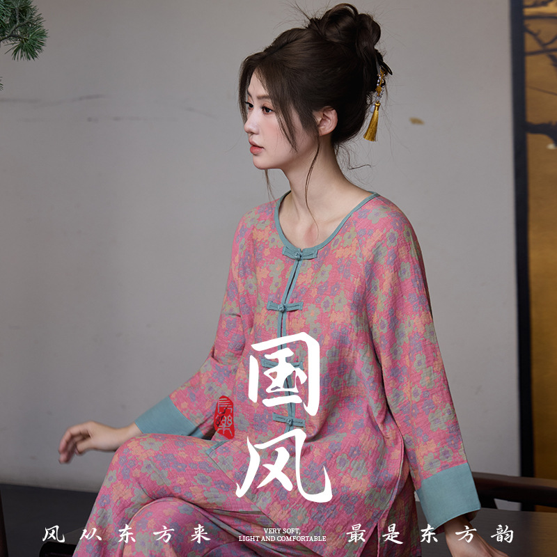 新中式国风女纯棉提花纱布睡衣春秋夏九分袖九分裤盘扣外穿家居服
